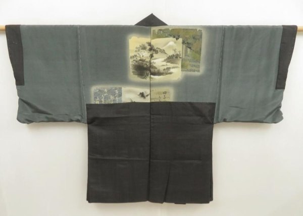 Photo1: 5604T02z370 Vintage Japanese Kimono Silk Men's HAORI Mt.Fuji Dark gray (1)