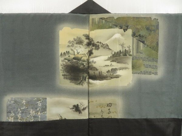 Photo2: 5604T02z370 Vintage Japanese Kimono Silk Men's HAORI Mt.Fuji Dark gray (2)