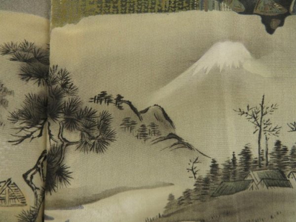 Photo3: 5604T02z370 Vintage Japanese Kimono Silk Men's HAORI Mt.Fuji Dark gray (3)