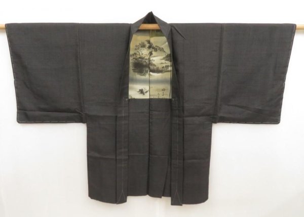 Photo5: 5604T02z370 Vintage Japanese Kimono Silk Men's HAORI Mt.Fuji Dark gray (5)