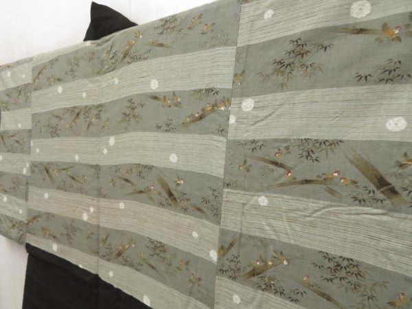Photo1: 5604T03z710 Vintage Japanese Kimono Silk Men's HAORI Bird Dark brown (1)