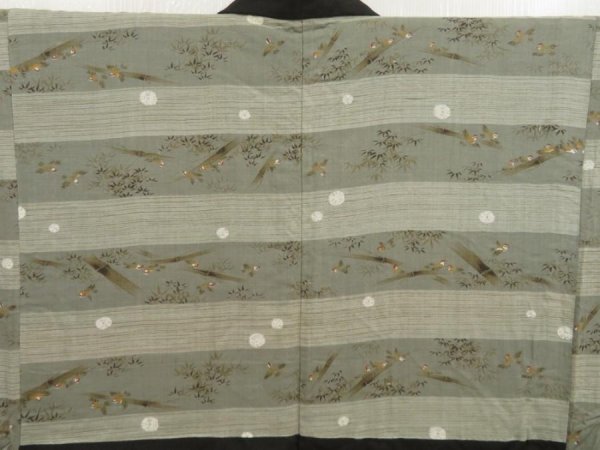 Photo2: 5604T03z710 Vintage Japanese Kimono Silk Men's HAORI Bird Dark brown (2)