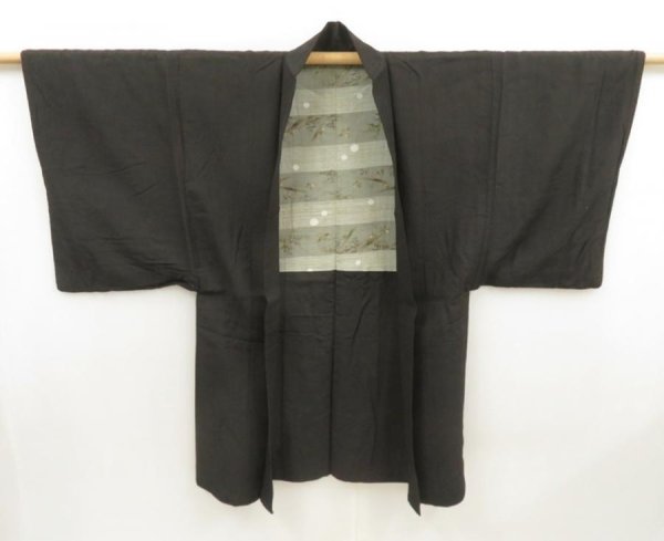 Photo5: 5604T03z710 Vintage Japanese Kimono Silk Men's HAORI Bird Dark brown (5)