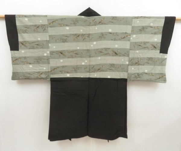 Photo6: 5604T03z710 Vintage Japanese Kimono Silk Men's HAORI Bird Dark brown (6)