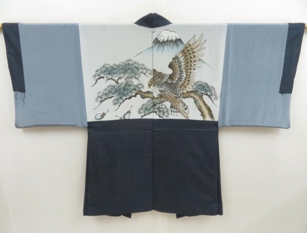 Photo1: 5604T05z500 Vintage Japanese Kimono Silk Men's OSHIMA HAORI Hawk Navy-Gray (1)