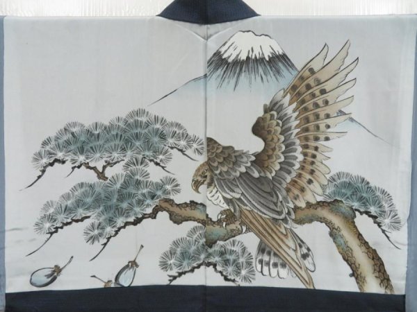 Photo2: 5604T05z500 Vintage Japanese Kimono Silk Men's OSHIMA HAORI Hawk Navy-Gray (2)