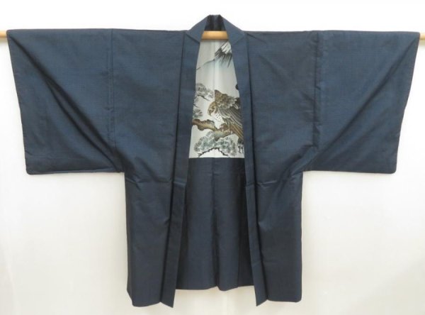 Photo6: 5604T05z500 Vintage Japanese Kimono Silk Men's OSHIMA HAORI Hawk Navy-Gray (6)