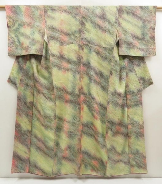 Photo1: 5604T06z790 Vintage Japanese Kimono Silk SHIBORI KOMON  Pea Green (1)