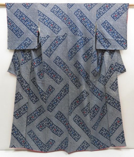 Photo1: 5604T08z930 Vintage Japanese Kimono Silk SHIBORI KOMON  Navy (1)