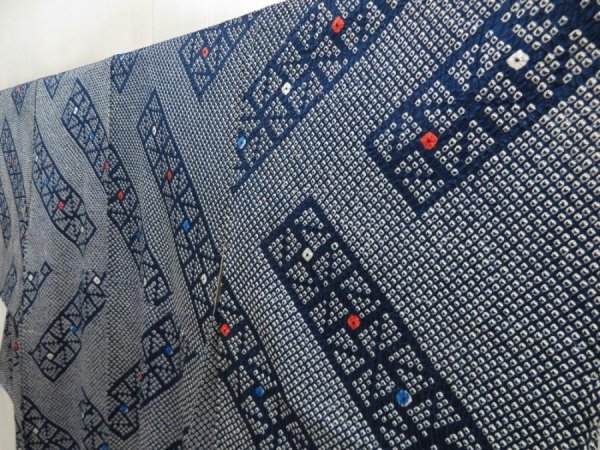 Photo2: 5604T08z930 Vintage Japanese Kimono Silk SHIBORI KOMON  Navy (2)