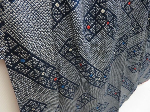Photo3: 5604T08z930 Vintage Japanese Kimono Silk SHIBORI KOMON  Navy (3)