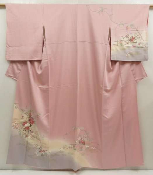 Photo1: 5604T09z950  Japanese Kimono Silk TSUKESAGE Flowers Pink (1)