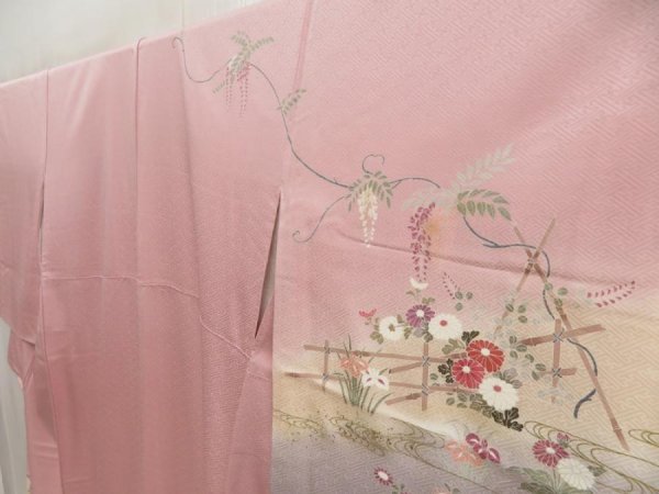 Photo2: 5604T09z950  Japanese Kimono Silk TSUKESAGE Flowers Pink (2)