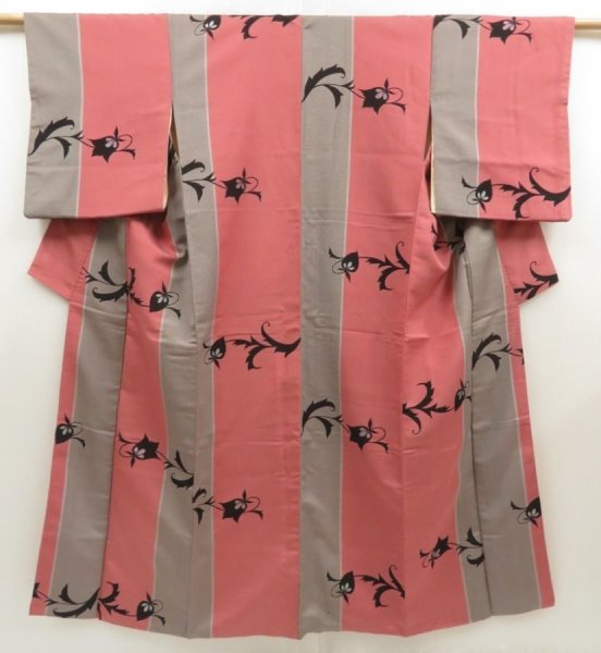 Photo1: 5604T11z980 Vintage Japanese Kimono Silk OMESHI KOMON Flower Coral pink (1)