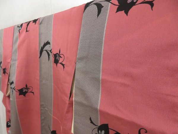 Photo2: 5604T11z980 Vintage Japanese Kimono Silk OMESHI KOMON Flower Coral pink (2)