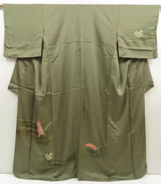 Photo1: 5604T12z1000  Japanese Kimono Silk TSUKESAGE Noh Olive drab (1)