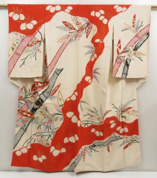 Photo1: 5604T13z980 Vintage Japanese Kimono Silk TSUKESAGE Bamboo Off-white (1)