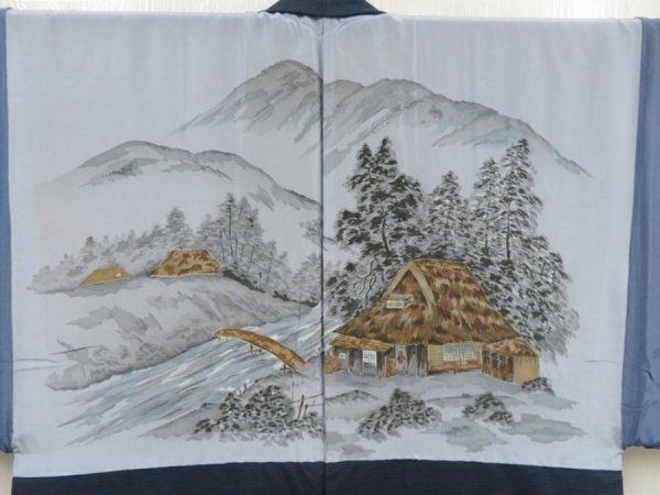 Photo2: 5605T01z560 Vintage Japanese Kimono Blend silk Men's HAORI Scenery Navy-Gray (2)