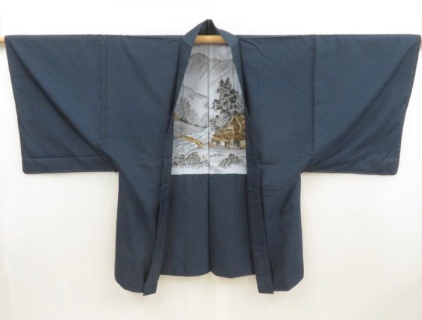 Photo5: 5605T01z560 Vintage Japanese Kimono Blend silk Men's HAORI Scenery Navy-Gray (5)