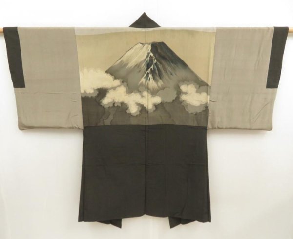 Photo1: 5605T03z450 Vintage Japanese Kimono Silk Men's HAORI Mt.Fuji Olive-Brown (1)