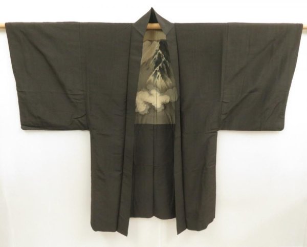 Photo6: 5605T03z450 Vintage Japanese Kimono Silk Men's HAORI Mt.Fuji Olive-Brown (6)