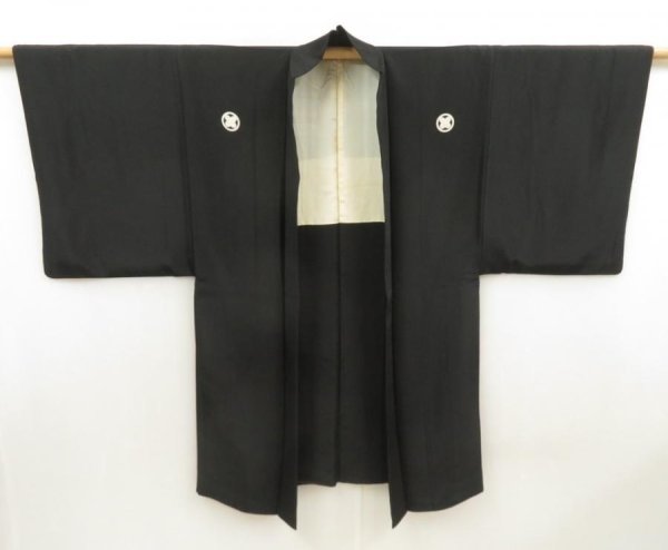 Photo4: 5605T04z620 Vintage Japanese Kimono Silk Men's HAORI Plain Black (4)