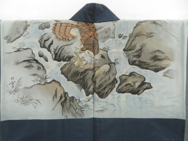 Photo3: 5605T05z520 Vintage Japanese Kimono Silk Men's OSHIMA HAORI Hawk (3)