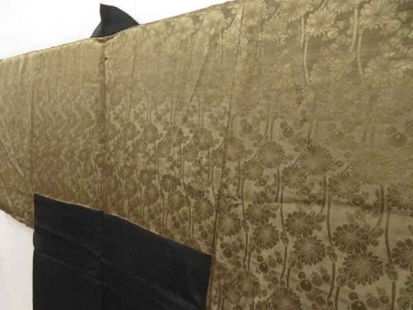 Photo1: 5605T07z370 Vintage Japanese Kimono Silk Men's HAORI Chrysanthemum Black (1)