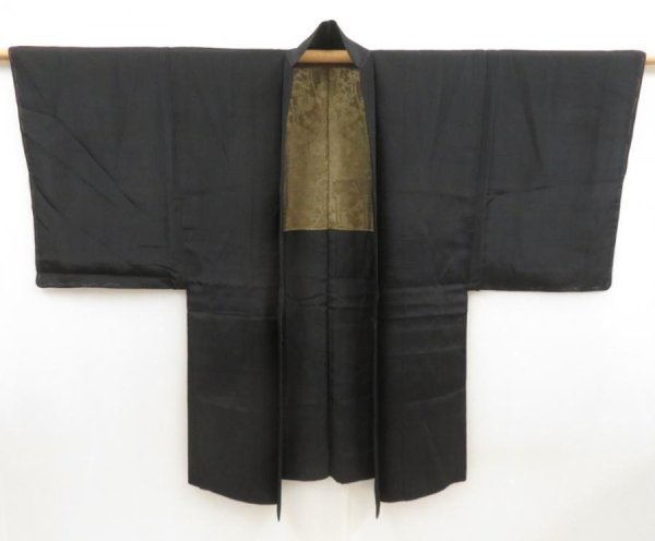 Photo4: 5605T07z370 Vintage Japanese Kimono Silk Men's HAORI Chrysanthemum Black (4)