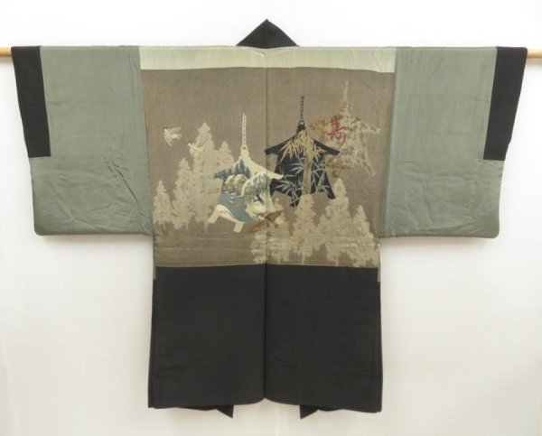 Photo1: 5605T09z480 Vintage Japanese Kimono Silk Men's HAORI Bird Black (1)