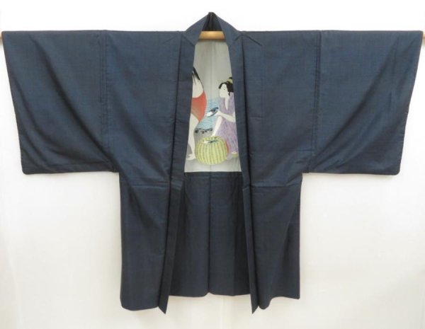Photo7: 5605T10z550 Vintage Japanese Kimono Silk Men's OSHIMA HAORI Shunga (7)