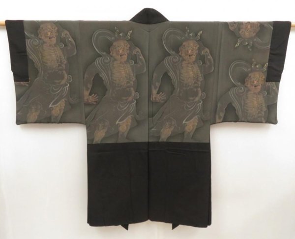 Photo1: 5605T11z590 Vintage Japanese Kimono Silk Men's HAORI Nio Lamp black (1)