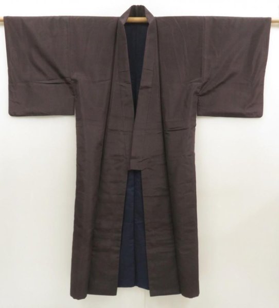 Photo7: 5605T13z780 Vintage Japanese Kimono Silk Men's   Dark brown (7)