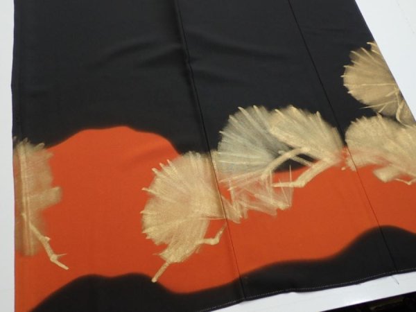 Photo4: 2P01z250  Japanese Kimono Silk  FABRIC Pine Black 65.0x28.7 (4)