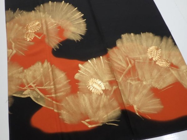 Photo4: 2P02z260  Japanese Kimono Silk  FABRIC Pine Black 65.4x29.1 (4)