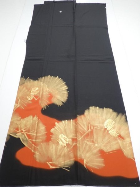 Photo6: 2P02z260  Japanese Kimono Silk  FABRIC Pine Black 65.4x29.1 (6)