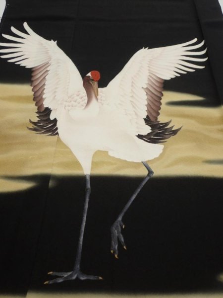 Photo1: 2P01z150  Japanese Kimono Silk  FABRIC Crane Black 62.2x18.9 (1)
