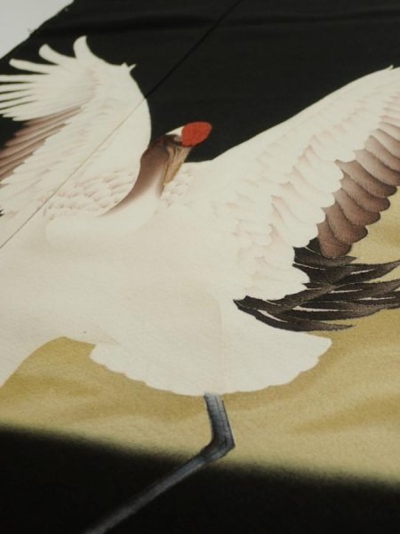 Photo2: 2P01z150  Japanese Kimono Silk  FABRIC Crane Black 62.2x18.9 (2)