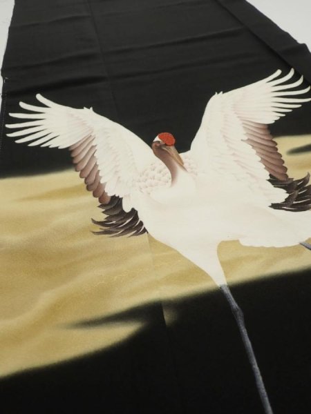 Photo3: 2P01z150  Japanese Kimono Silk  FABRIC Crane Black 62.2x18.9 (3)