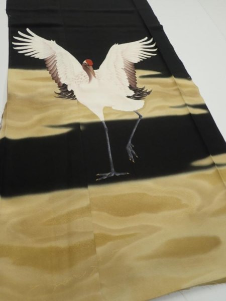 Photo4: 2P01z150  Japanese Kimono Silk  FABRIC Crane Black 62.2x18.9 (4)