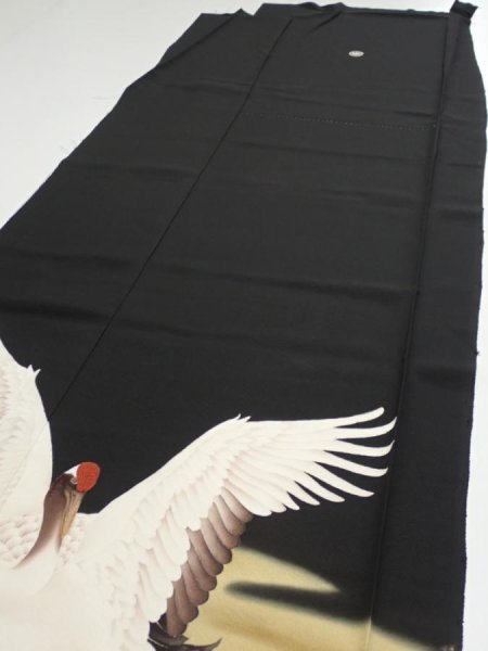 Photo5: 2P01z150  Japanese Kimono Silk  FABRIC Crane Black 62.2x18.9 (5)