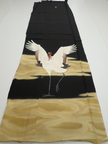 Photo6: 2P01z150  Japanese Kimono Silk  FABRIC Crane Black 62.2x18.9 (6)