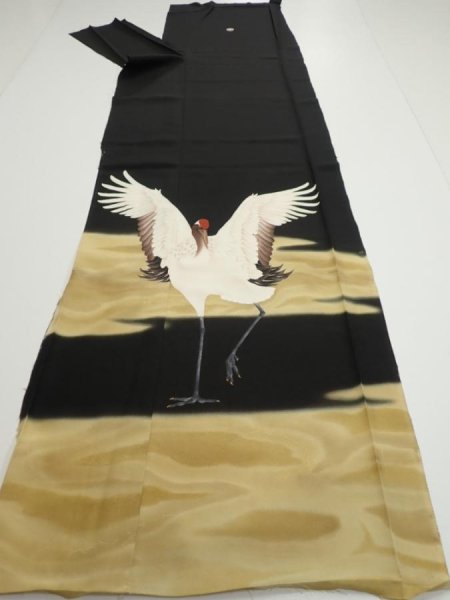 Photo7: 2P01z150  Japanese Kimono Silk  FABRIC Crane Black 62.2x18.9 (7)