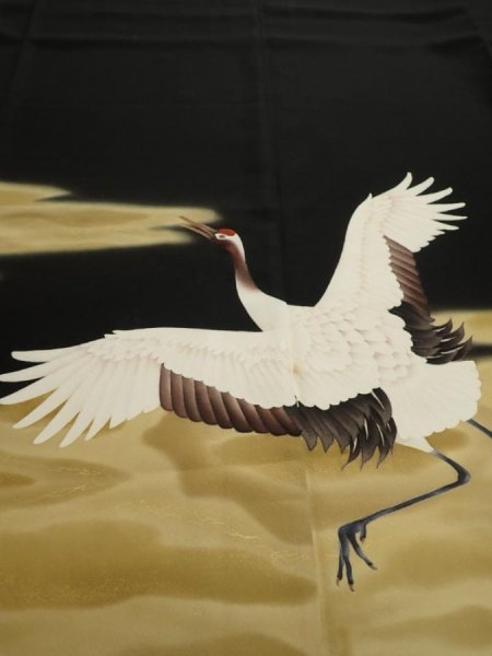 Photo1: 2P02z350  Japanese Kimono Silk  FABRIC Crane Black 63.0x44.5 (1)