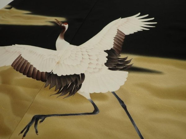 Photo2: 2P02z350  Japanese Kimono Silk  FABRIC Crane Black 63.0x44.5 (2)