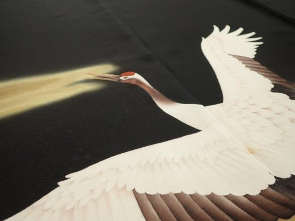 Photo3: 2P02z350  Japanese Kimono Silk  FABRIC Crane Black 63.0x44.5 (3)