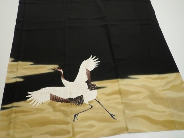 Photo4: 2P02z350  Japanese Kimono Silk  FABRIC Crane Black 63.0x44.5 (4)