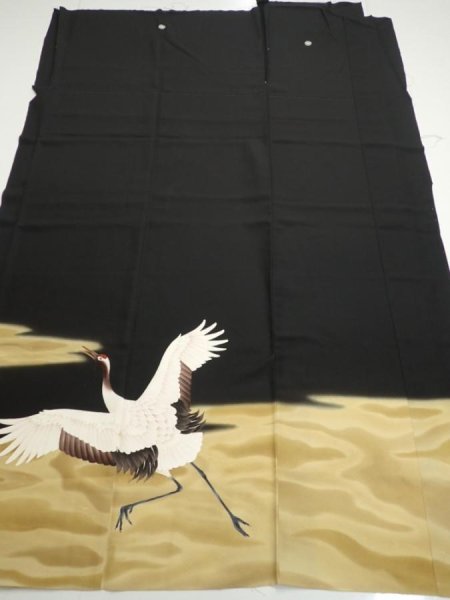 Photo6: 2P02z350  Japanese Kimono Silk  FABRIC Crane Black 63.0x44.5 (6)