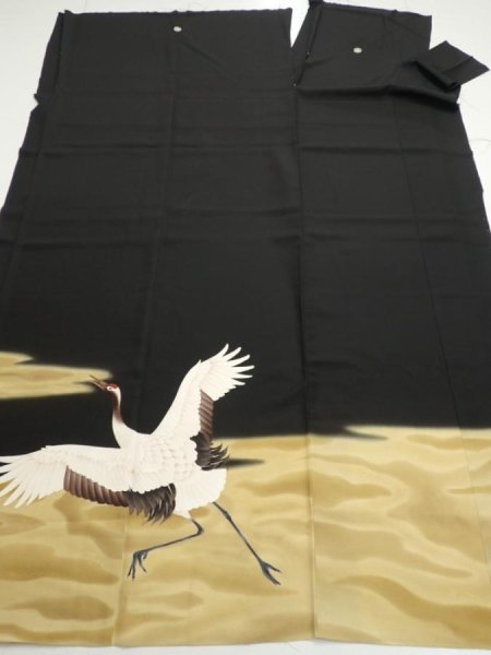 Photo7: 2P02z350  Japanese Kimono Silk  FABRIC Crane Black 63.0x44.5 (7)