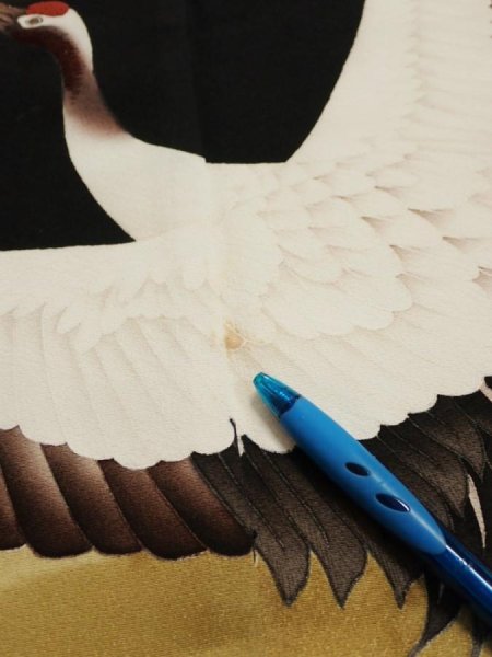 Photo8: 2P02z350  Japanese Kimono Silk  FABRIC Crane Black 63.0x44.5 (8)